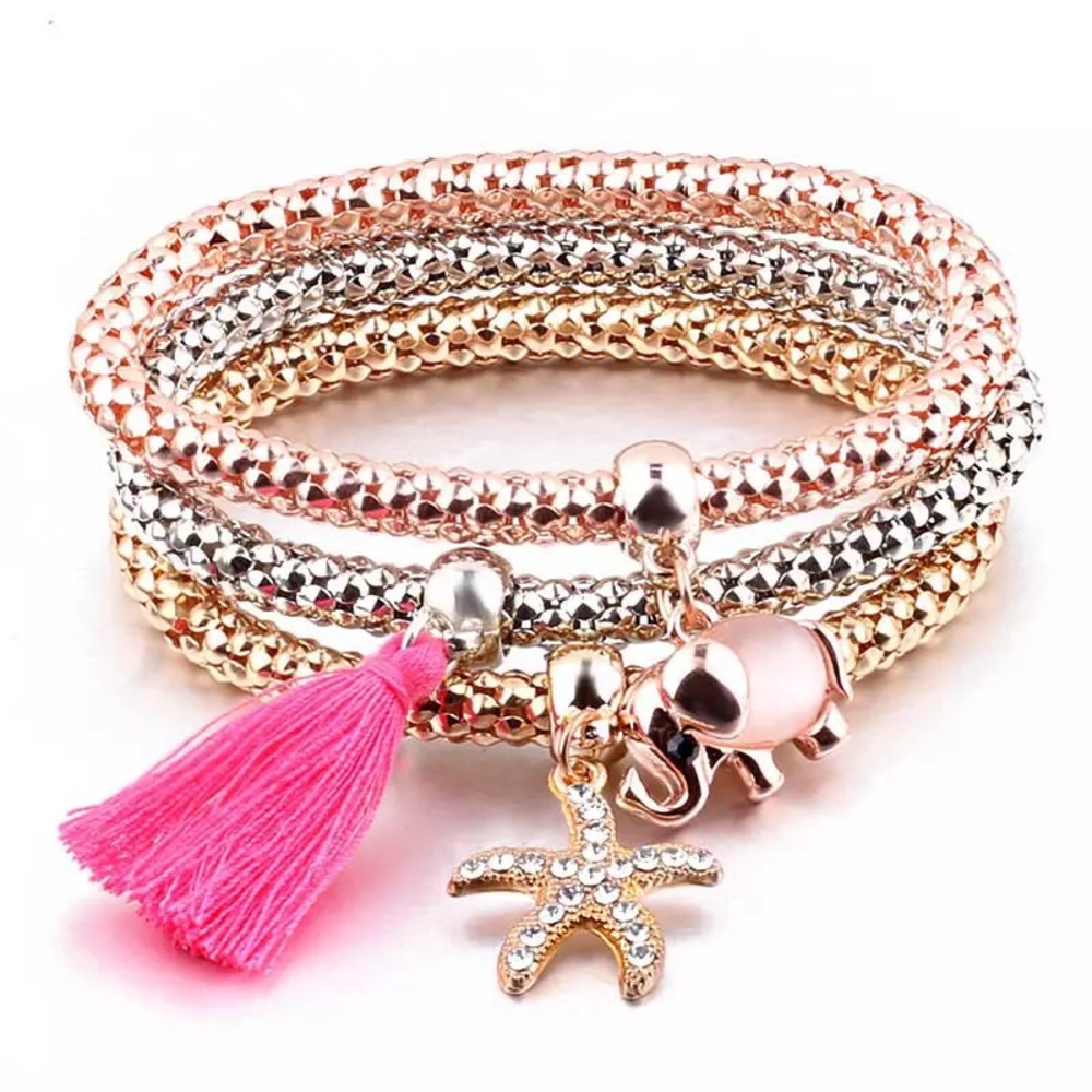 Mixed metal charm stretch bracelet set
